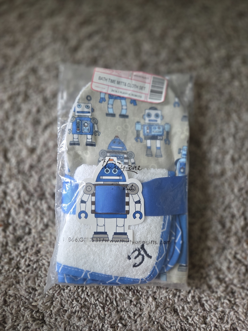 THIRTY-ONE Robot Bath Time Mitt & Cloth Set - Blue and White